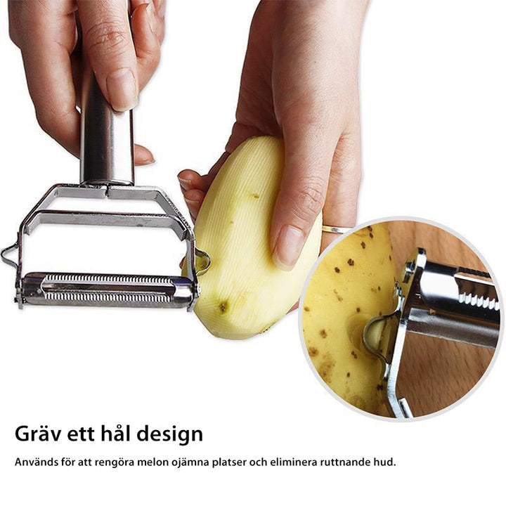 "Flerfunktions grönsaksskalare i rostfritt stål, silver, med bekvämt handtag och elegant design, perfekt för köket."