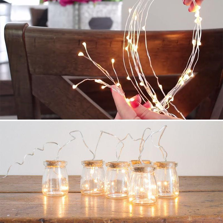 "Flexibla Firefly-lampor med böjbar koppartråd och varmvita mikro-LED för stämningsfull inomhus- och utomhusbelysning."