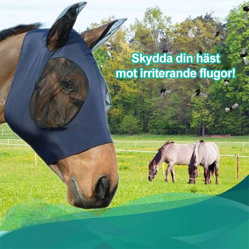 "Flugskydd för häst i blå mesh, ergonomisk passform, UV-skydd, ventilation, perfekt för klar sikt och komfort."