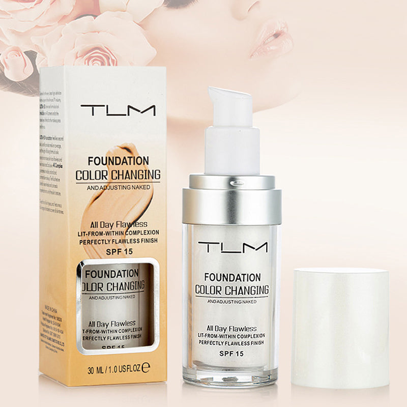 "Flytande färgskiftande foundation för mogen hud, jämn naturlig finish, 30 ml flaska, SPF15 skydd"