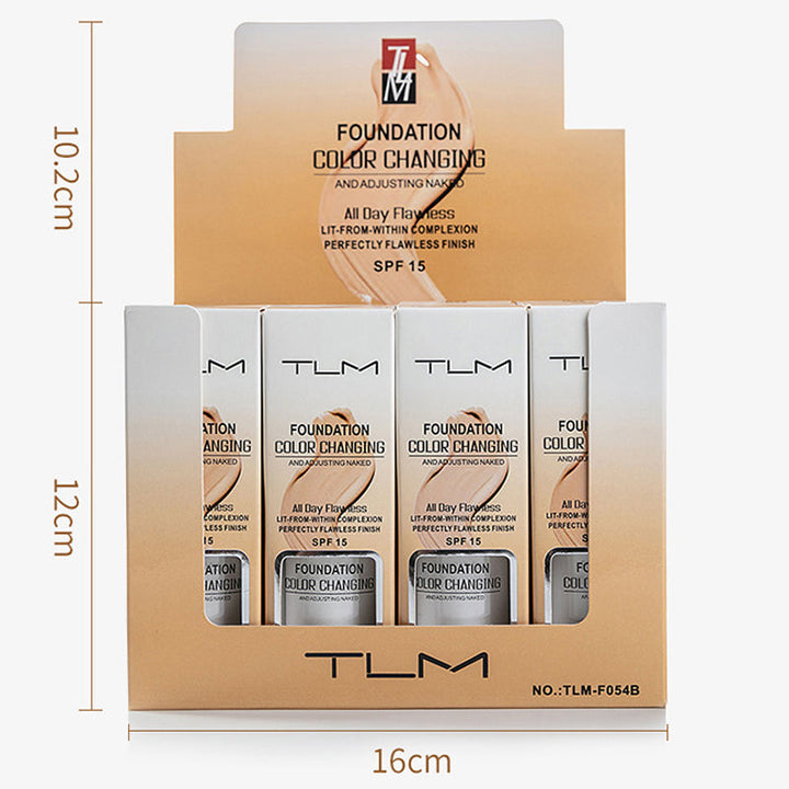 "Flytande färgskiftande foundation för mogen hud, jämn naturlig finish, 30 ml flaska, SPF15 skydd"