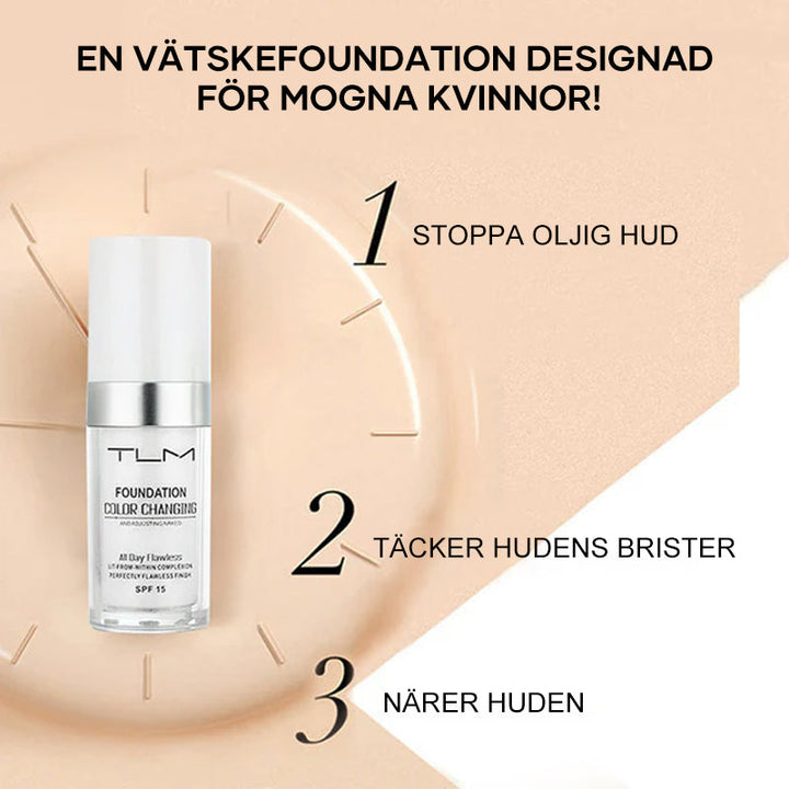 "Flytande färgskiftande foundation för mogen hud, jämn naturlig finish, 30 ml flaska, SPF15 skydd"