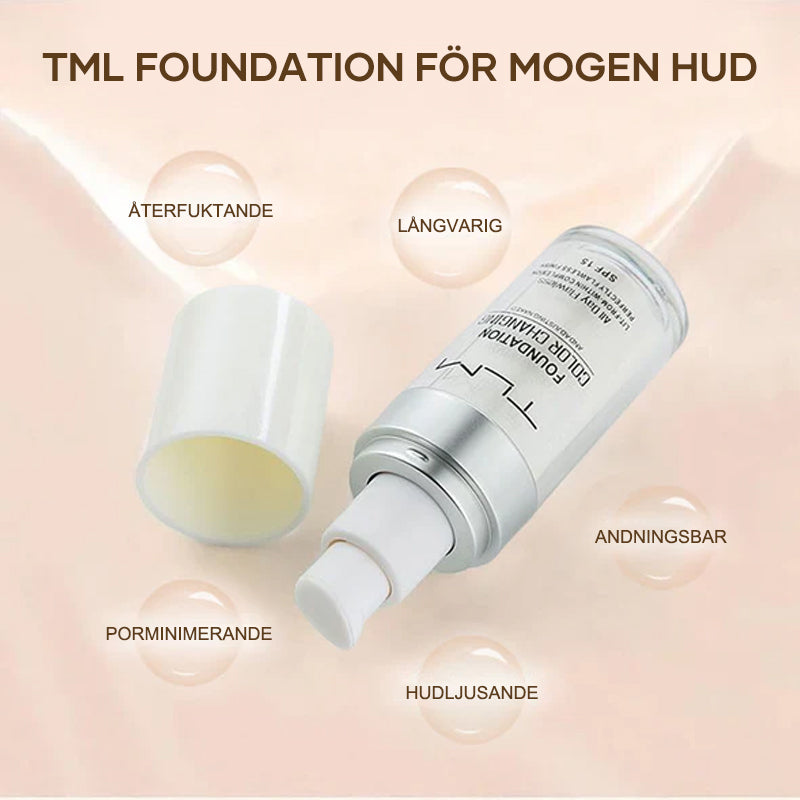 "Flytande färgskiftande foundation för mogen hud, jämn naturlig finish, 30 ml flaska, SPF15 skydd"