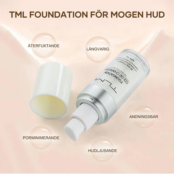 "Flytande färgskiftande foundation för mogen hud, jämn naturlig finish, 30 ml flaska, SPF15 skydd"
