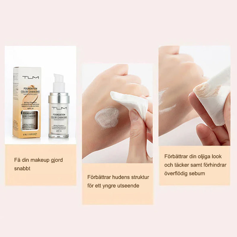 "Flytande färgskiftande foundation för mogen hud, jämn naturlig finish, 30 ml flaska, SPF15 skydd"