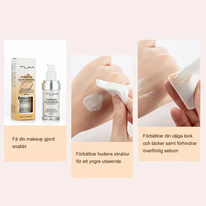 "Flytande färgskiftande foundation för mogen hud, jämn naturlig finish, 30 ml flaska, SPF15 skydd"