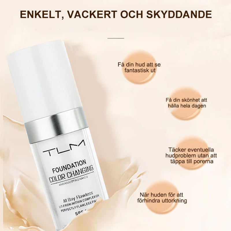 "Flytande färgskiftande foundation för mogen hud, jämn naturlig finish, 30 ml flaska, SPF15 skydd"
