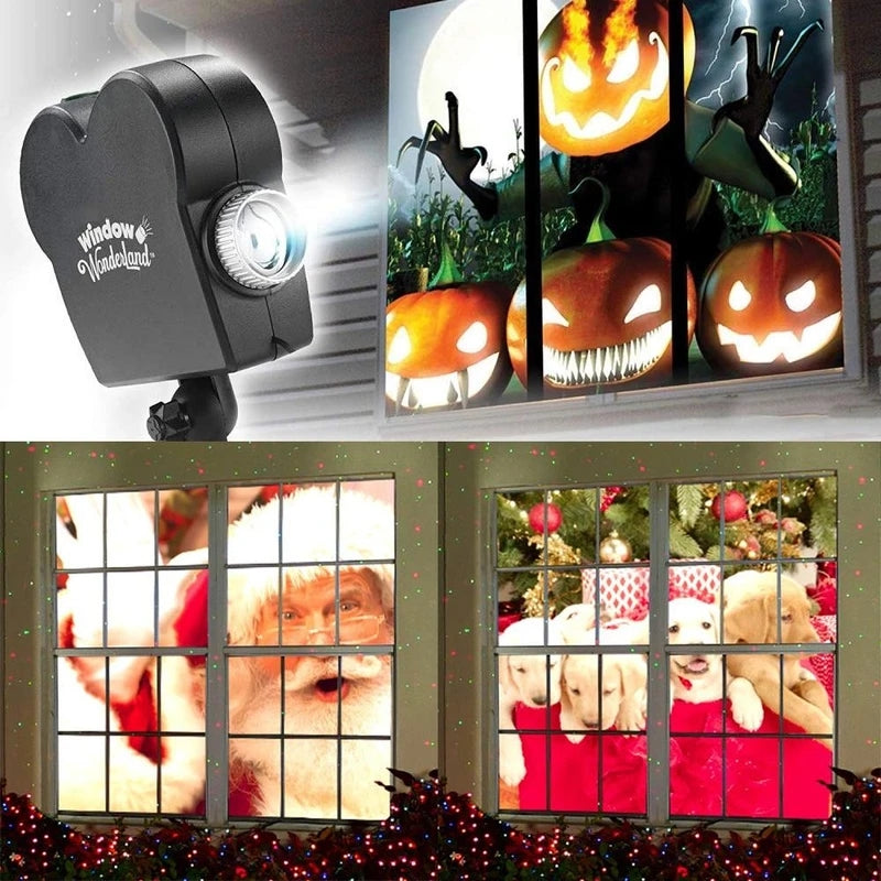 "Fönsterprojektor med justerbart stativ för Halloween och jul, projektioner med 12 teman, hög ljusstyrka och stor duk."