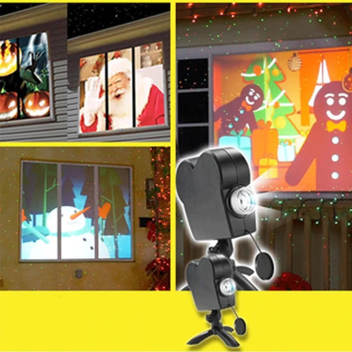 "Fönsterprojektor med justerbart stativ för Halloween och jul, projektioner med 12 teman, hög ljusstyrka och stor duk."