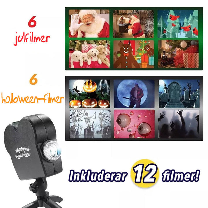 "Fönsterprojektor med justerbart stativ för Halloween och jul, projektioner med 12 teman, hög ljusstyrka och stor duk."