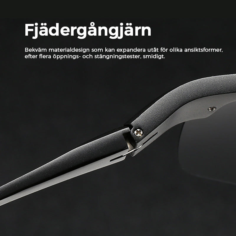 "Fotokromatiska polariserade herrsolglasögon, svart ram, skyddar mot UV-strålar, stilfull design för utomhusbruk."