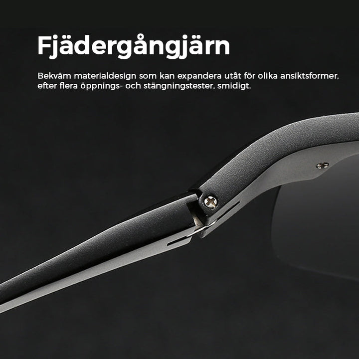 "Fotokromatiska polariserade herrsolglasögon, svart ram, skyddar mot UV-strålar, stilfull design för utomhusbruk."