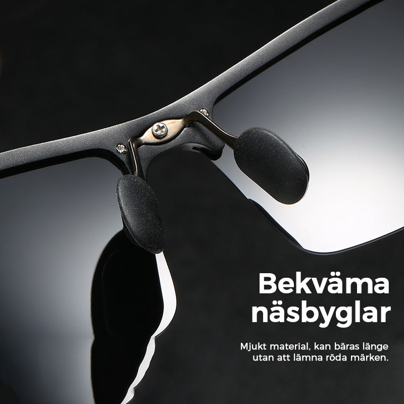 "Fotokromatiska polariserade herrsolglasögon, svart ram, skyddar mot UV-strålar, stilfull design för utomhusbruk."