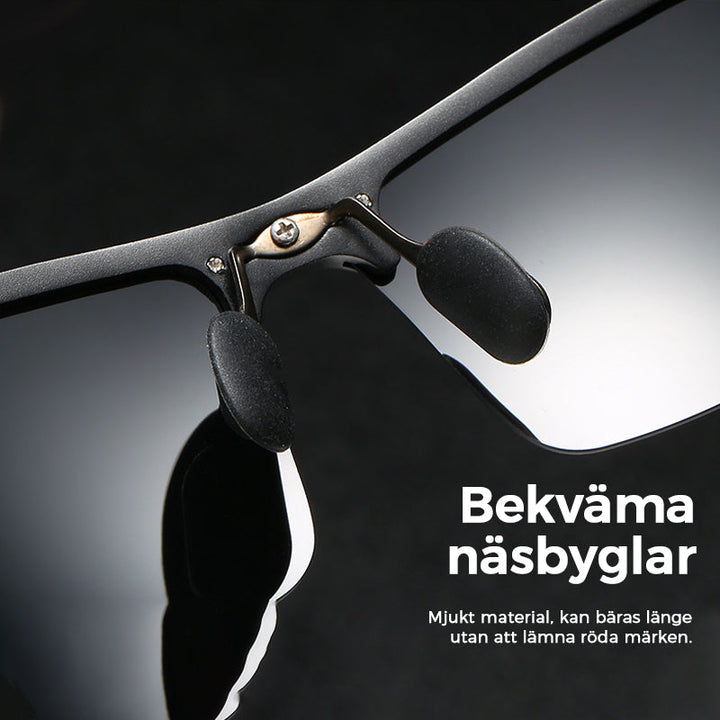 "Fotokromatiska polariserade herrsolglasögon, svart ram, skyddar mot UV-strålar, stilfull design för utomhusbruk."