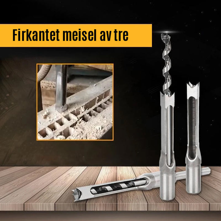 Fyrkantig trämejsel i höghastighetsstål mot vit bakgrund för precisionssnitt i trä.