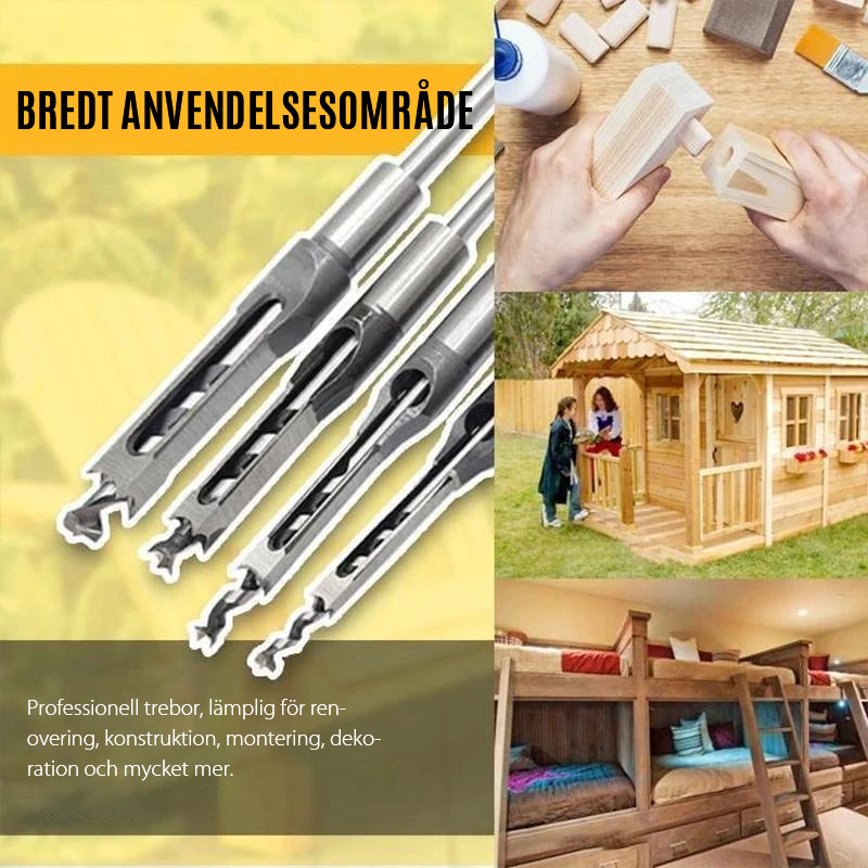Fyrkantig trämejsel i höghastighetsstål mot vit bakgrund för precisionssnitt i trä.