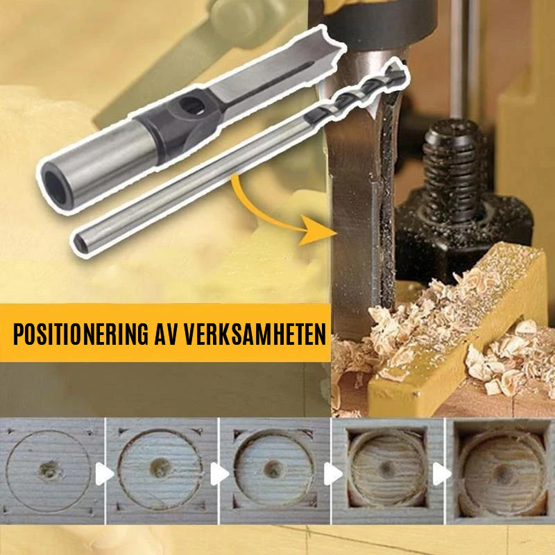 Fyrkantig trämejsel i höghastighetsstål mot vit bakgrund för precisionssnitt i trä.