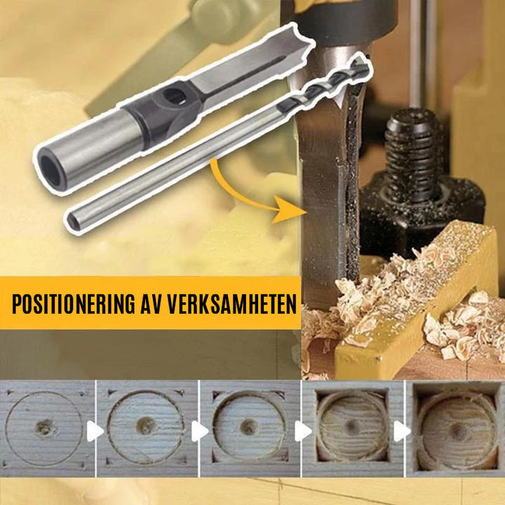 Fyrkantig trämejsel i höghastighetsstål mot vit bakgrund för precisionssnitt i trä.