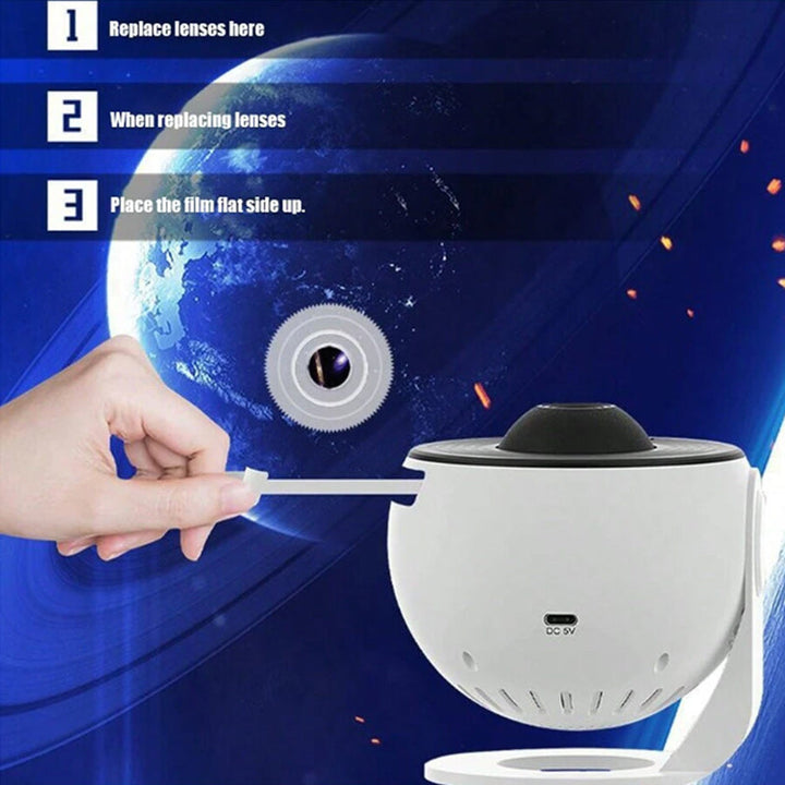 "Galaxy Star projektor lampa med 360° rotation, stjärnhimmel, flerfärgad nebulosa, idealisk för hemdekoration."