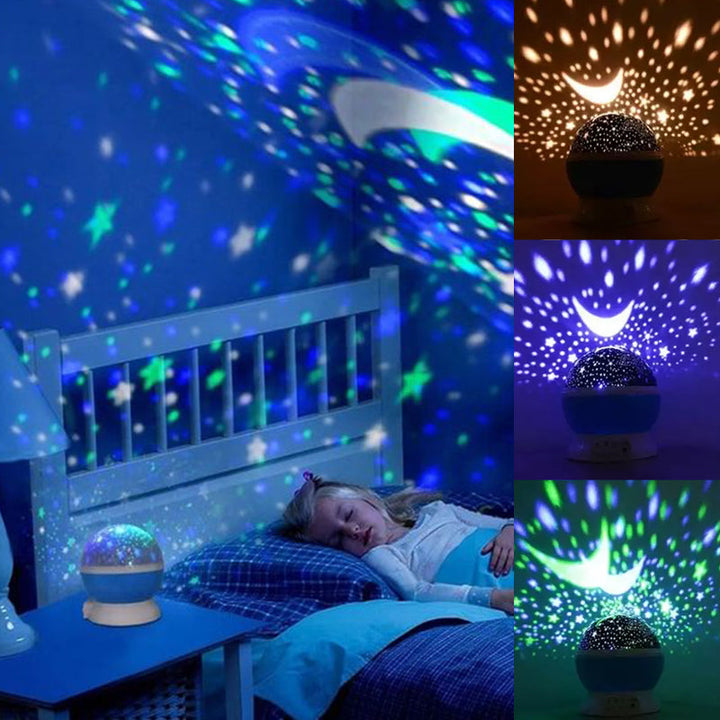 "Galaxy stjärnprojektor med färgglada stjärnljus, perfekt för avkoppling och dekoration i hemmet, på ett bord."
