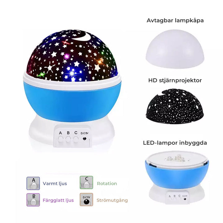"Galaxy stjärnprojektor med färgglada stjärnljus, perfekt för avkoppling och dekoration i hemmet, på ett bord."