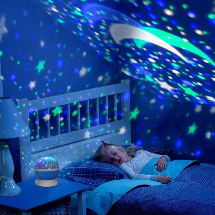 "Galaxy stjärnprojektor med färgglada stjärnljus, perfekt för avkoppling och dekoration i hemmet, på ett bord."