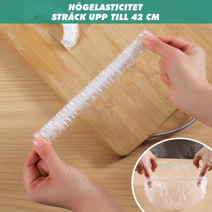 "Genomskinliga engångsmatluckor för kök, 25 cm diameter, elastiska kant, perfekt för matbevarande och säkerhet."