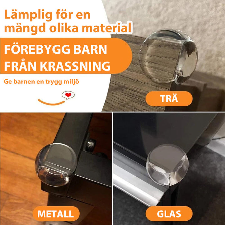 "Genomskinliga hörnskydd i PVC för barns säkerhet, skyddar möbler utan att störa designen, enkel installation."