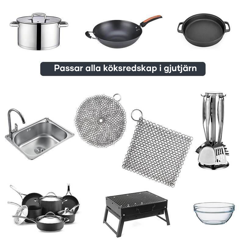 "Gjutjärn rengöringsmedel i rostfritt stål, silver, fyrkantig; köksverktyg för enkel och effektiv rengöring av redskap."