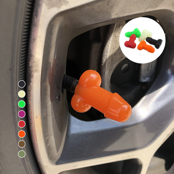 "Glow-in-the-dark ventilstamlock med humoristisk design i olika färger för bilar. Unik och lekfull bilaccessoar."