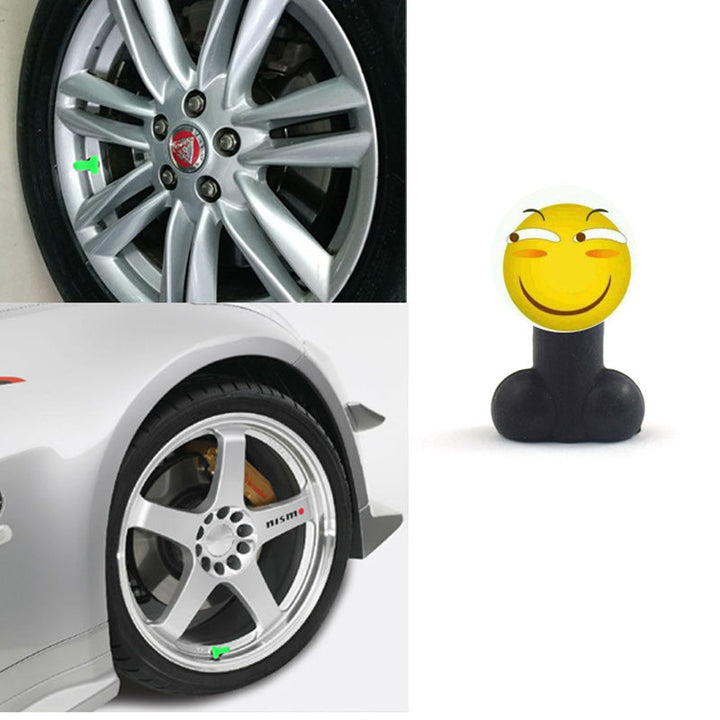 "Glow-in-the-dark ventilstamlock med humoristisk design i olika färger för bilar. Unik och lekfull bilaccessoar."