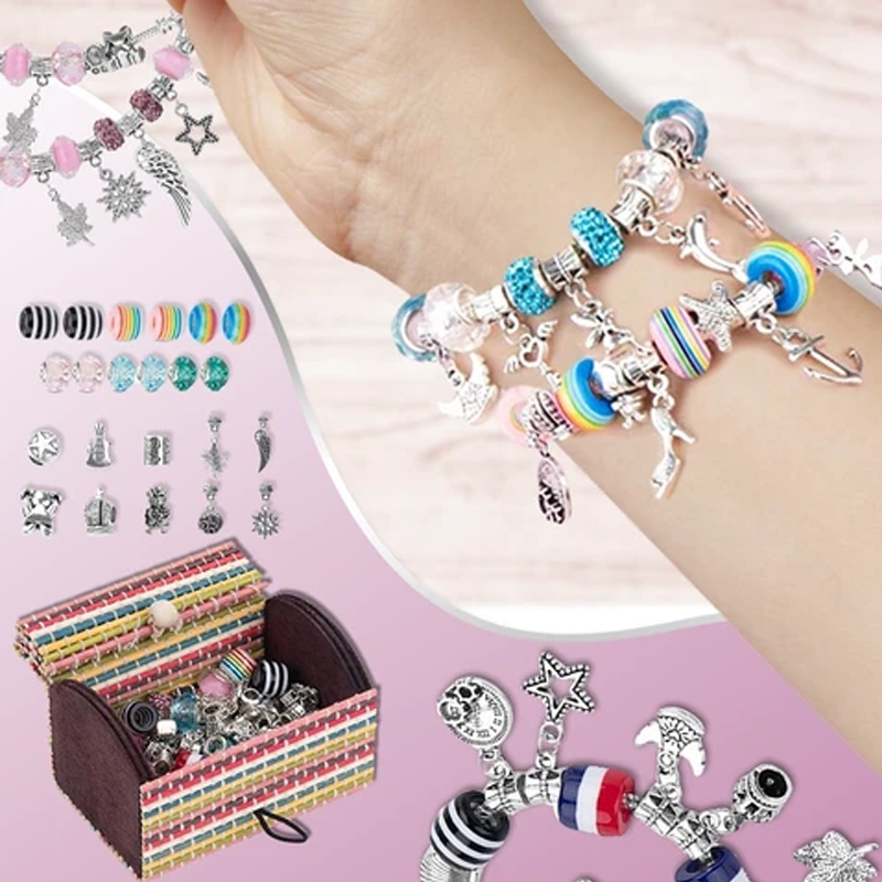 "Gör-det-själv armbandskit för flickor, färgglada pärlor, justerbara kedjor, skapande av unika smycken, kreativa accessoarer.