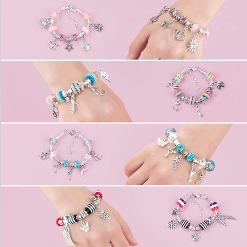 "Gör-det-själv armbandskit för flickor, färgglada pärlor, justerbara kedjor, skapande av unika smycken, kreativa accessoarer.