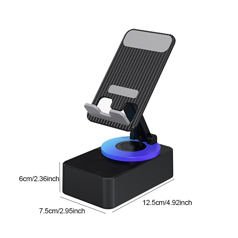 "Grå/svart Bluetooth-ljud powerbank fäste för mobil med 360° rotation och inbyggd subwoofer för dynamiskt ljud."
