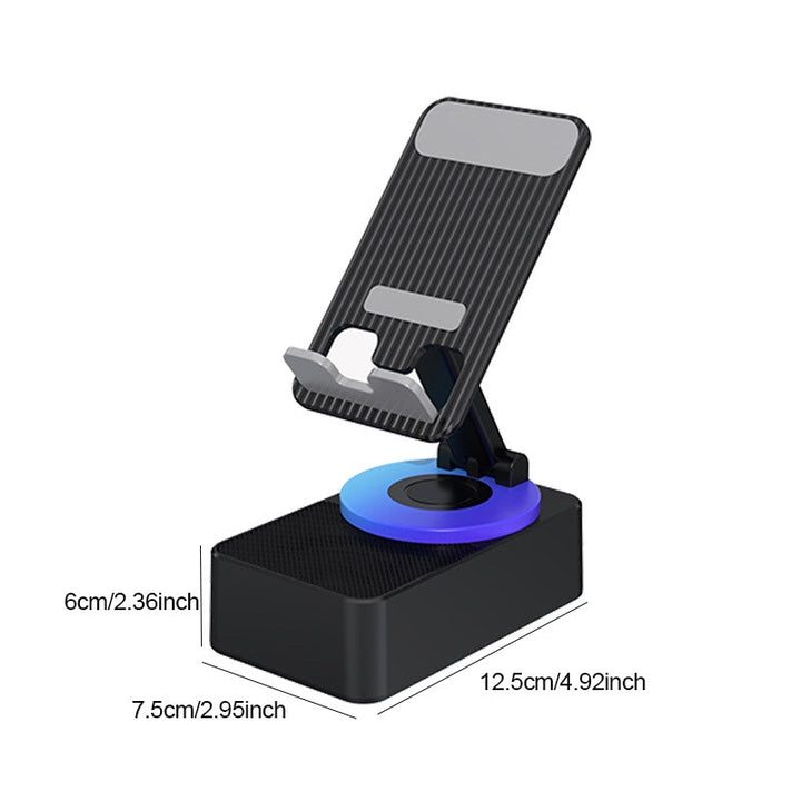 "Grå/svart Bluetooth-ljud powerbank fäste för mobil med 360° rotation och inbyggd subwoofer för dynamiskt ljud."