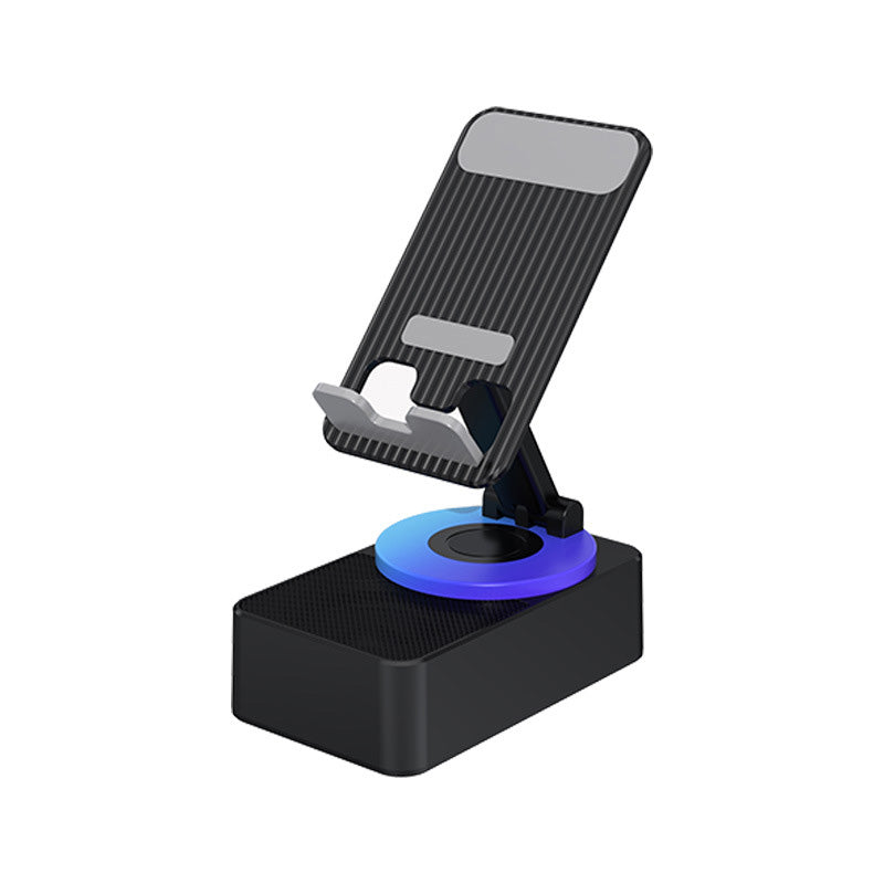 "Grå/svart Bluetooth-ljud powerbank fäste för mobil med 360° rotation och inbyggd subwoofer för dynamiskt ljud."