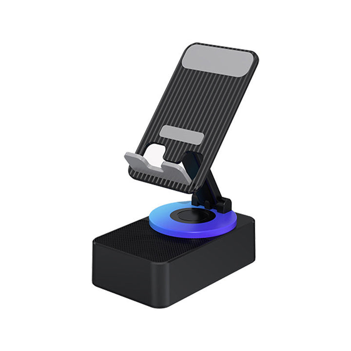 "Grå/svart Bluetooth-ljud powerbank fäste för mobil med 360° rotation och inbyggd subwoofer för dynamiskt ljud."