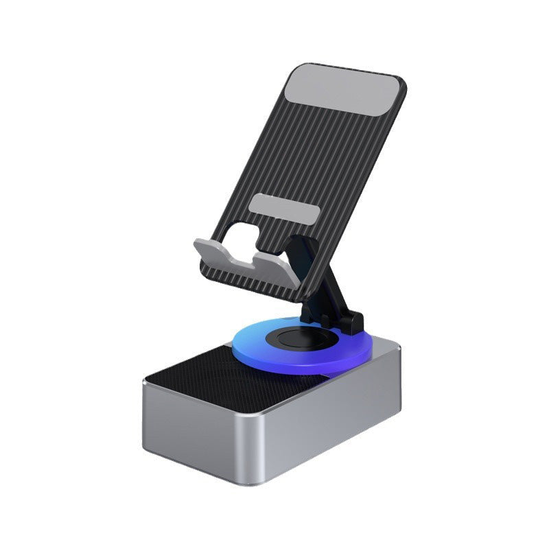"Grå/svart Bluetooth-ljud powerbank fäste för mobil med 360° rotation och inbyggd subwoofer för dynamiskt ljud."