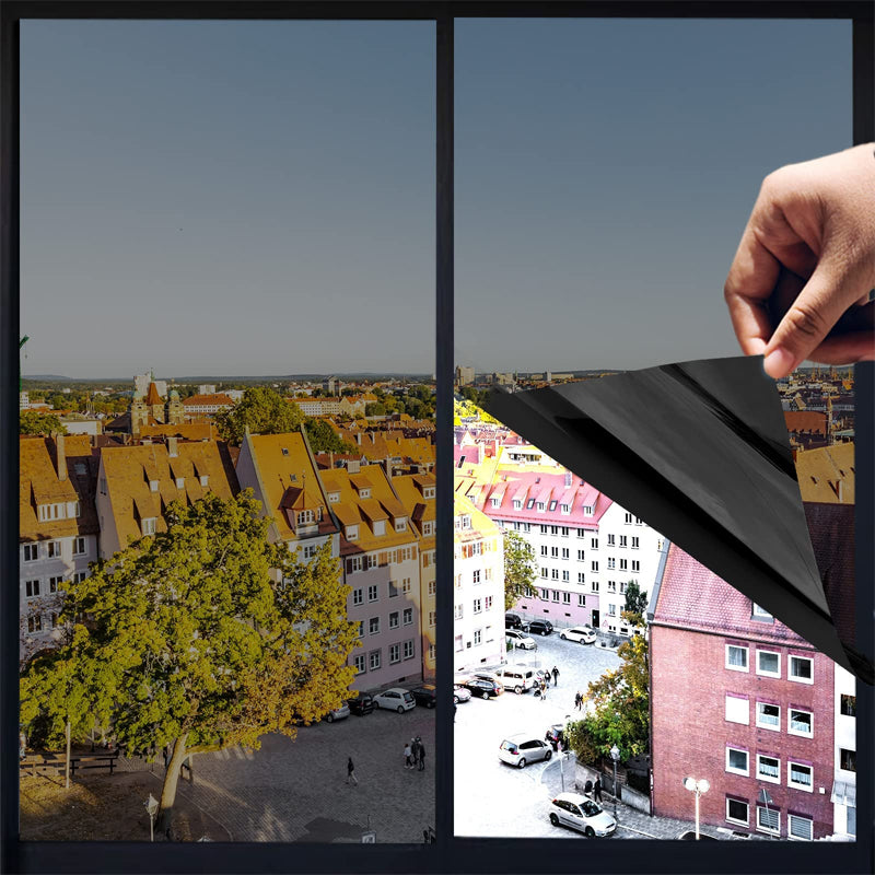 "Grå/svart fönsterfilm för insynsskydd med UV-skydd, spegeleffekt och energibesparing, 40×100cm eller 50×200cm."