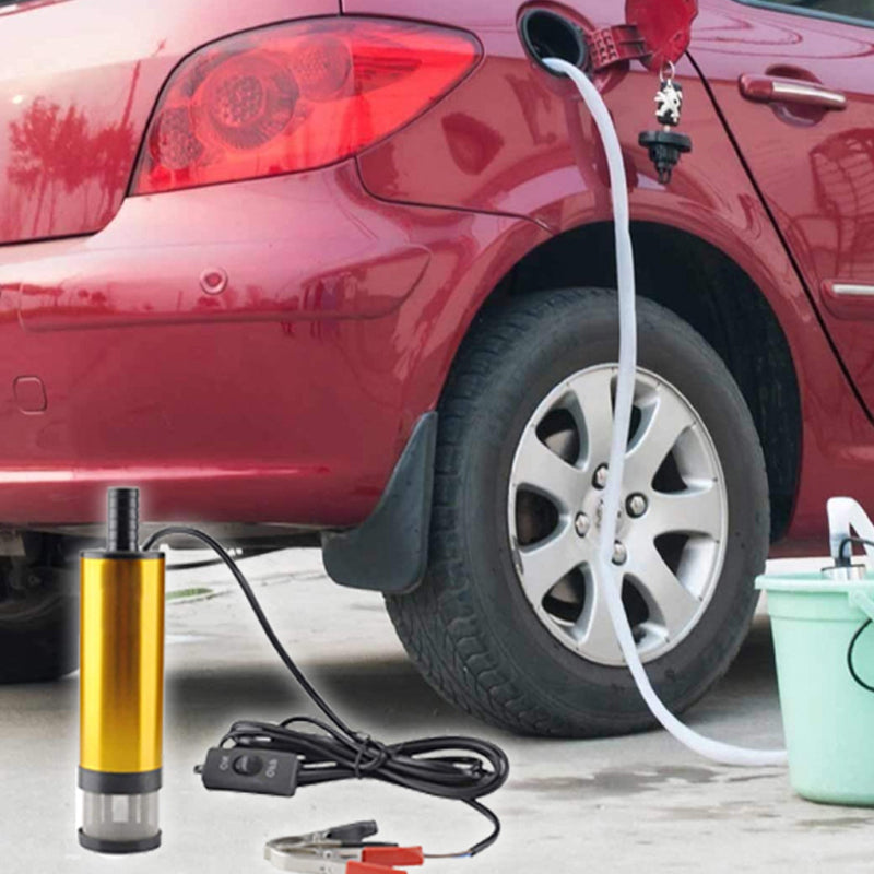 Gul elektrisk mikrobränslepump i aluminiumlegering, robust design med rostfritt stålfilter, idealisk för DC12V/24V system.
