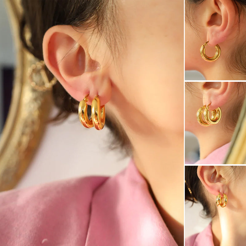 Guldfärgade ringörhängen i rostfritt stål, olika storlekar, elegant look för alla tillfällen och stilpreferenser.