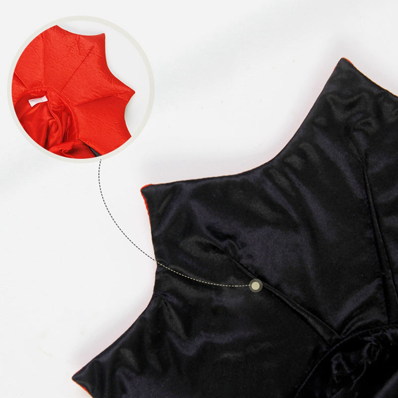 "Halloween Dracula husdjurskostym för katt och liten hund, svart och röd mantel, justerbar krage, dramatiskt stiligt."