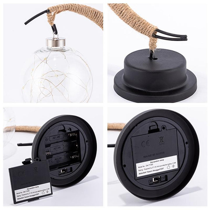 "Handgjord LED-lampa i månform av garn och rotting, mjukt sken, unik inredningsdetalj, bordslampa, magisk atmosfär."