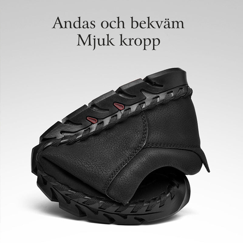 "Handgjorda herrskor i mikrofiber med rund tå och snörning, andningsbart foder, slitstark gummisula för vår och höst."