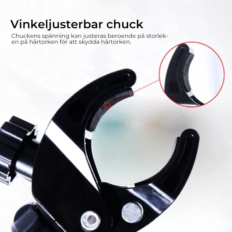 "Hårtorkhållare med justerbar sugkopp, flexibel 360° design i vit plast. Perfekt för handsfree hårstyling."