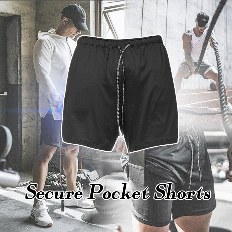 "Herr 2-i-1 shorts med kamouflagemönster och säkerhetsficka, designade för stil och funktionalitet vid träning."