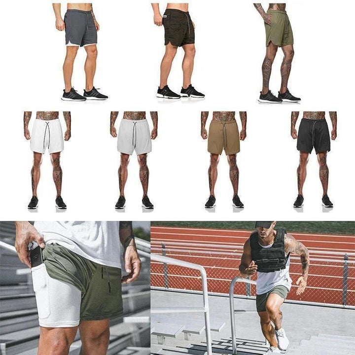 "Herr 2-i-1 shorts med kamouflagemönster och säkerhetsficka, designade för stil och funktionalitet vid träning."