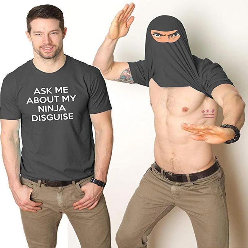 "Herr Festlig Ninja T-shirt, svart/grå bomull, med ninja-tema, perfekt för stil och lekfullhet, hög bekvämlighet."