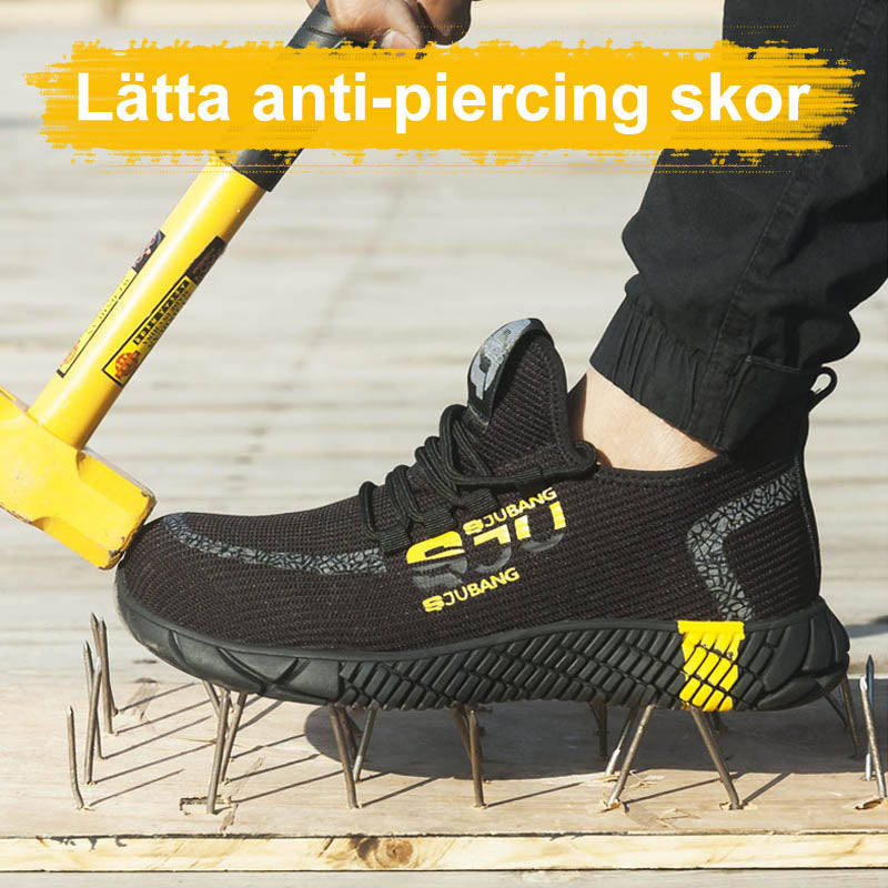 Herr lättvikts säkerhetssko med ståltå, reflexdetaljer, stickat material, och gummisula för optimal säkerhet och bekvämlighet