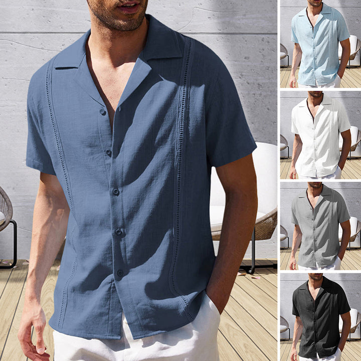 "Herr linneskjorta marinblå bomull, kort ärm, spridd krage, stilfull och avslappnad design, perfekt för sommar."